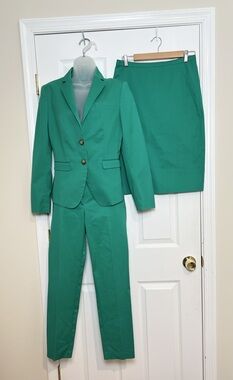 Stile Benetton 3-Piece Tailored Suit Set Kelly Green Blazer Pants Skirt 42 6